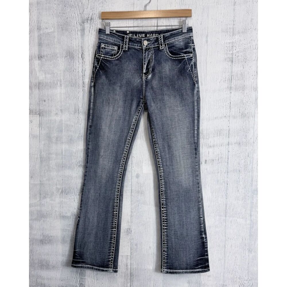 Live Hard Bootcut Thick Stitch Jeans Flap Pockets Y2K Women's Sz 8 (Fit 30x30)